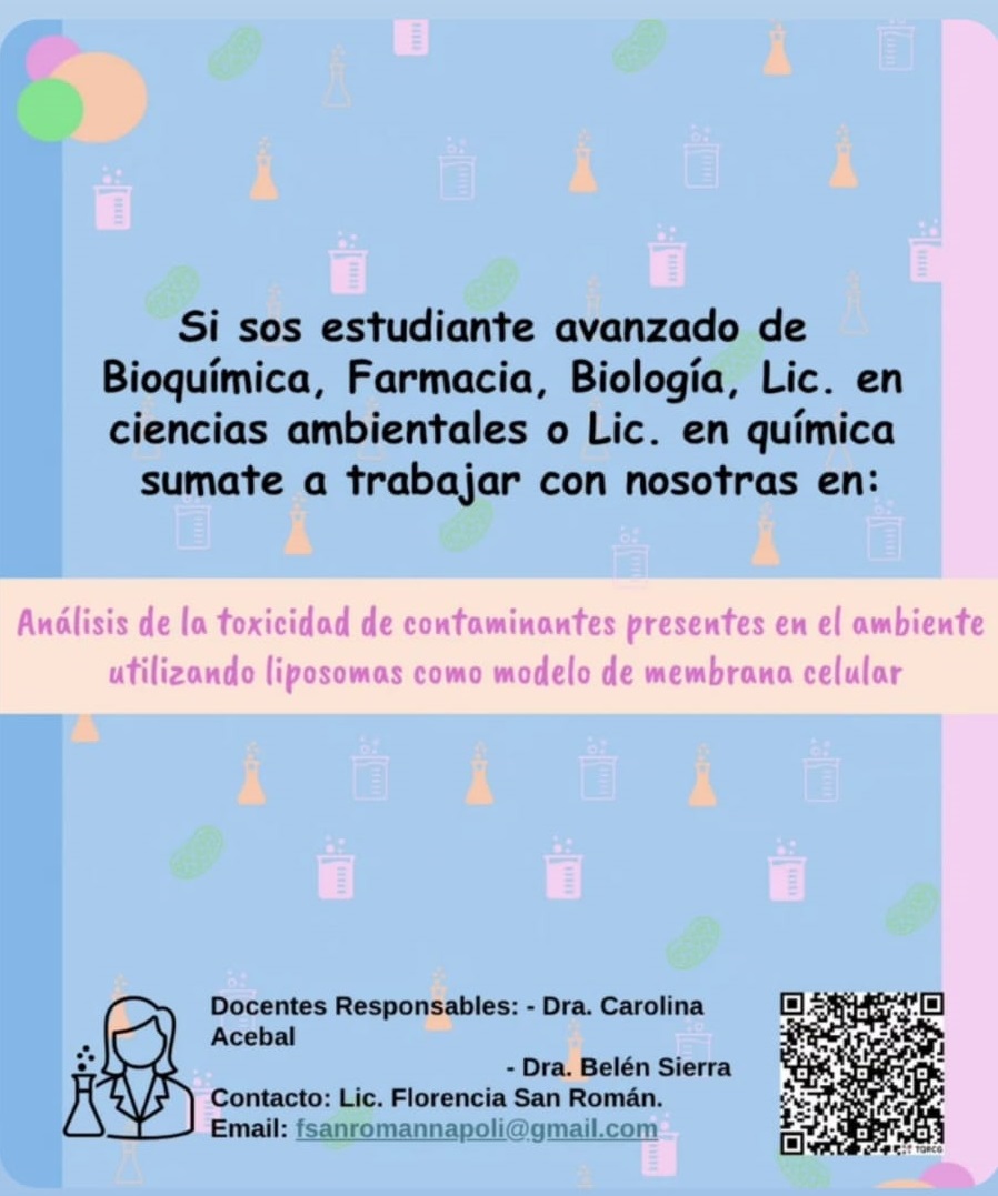 Convocatoria alumnos avanzados Bioquímica, Farmacia, Biología, Lic. en Cs. Ambientales o Lic. en Química